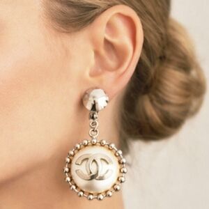 Rare Chanel Faux Pearl & Silver Large Drop Dangling Earrings
